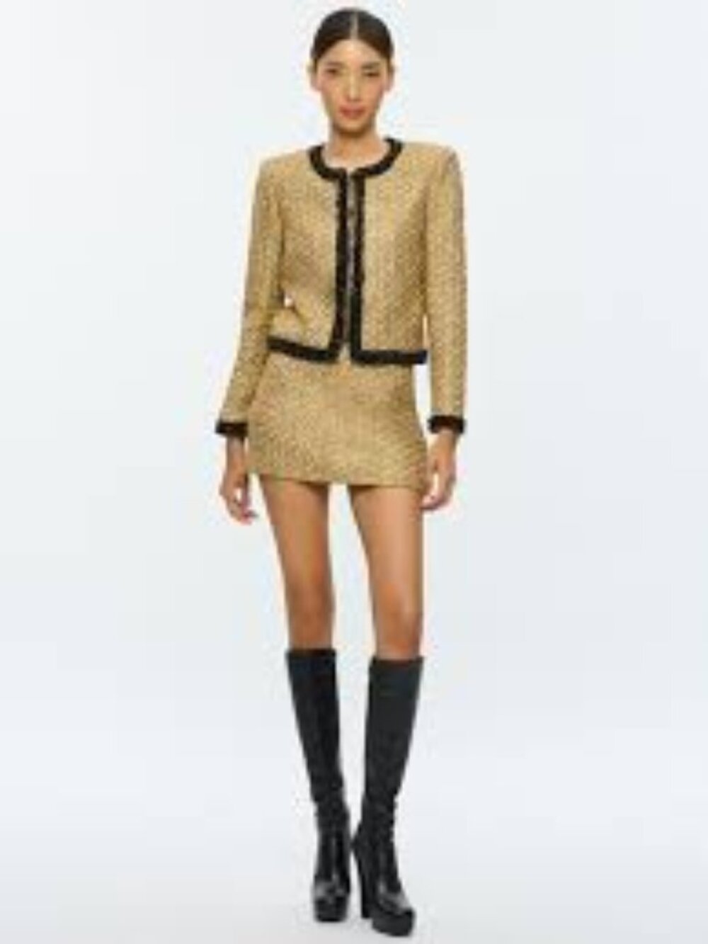 NWT Alice + Olivia Gold Tweed Suit Set Landon Jacket & Rubi Mini Skirt XS/6